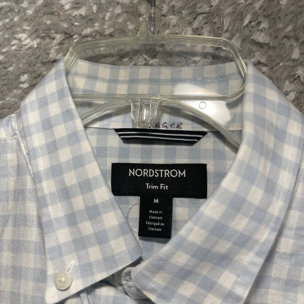 Nordstrom Trim Fit Blue Plaid Long Sleeve Button Linen Cotton Shirt M Preppy